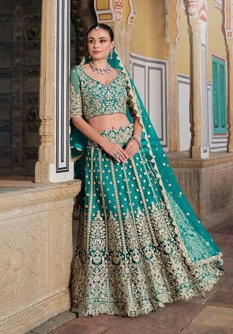 Teal Green Zari Thread Embroidered Net Lehenga Set