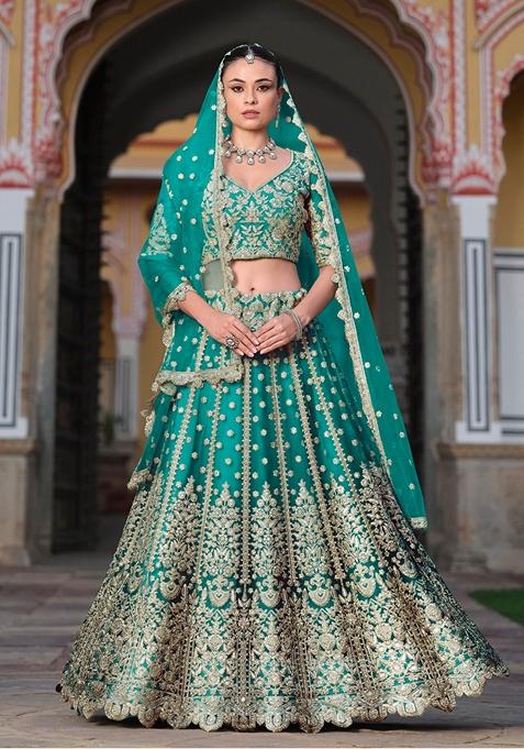 Teal Green Zari Thread Embroidered Net Lehenga Set