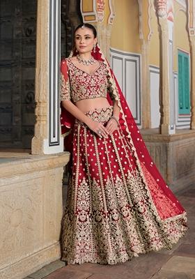 Red Zari Thread Embroidered Net Lehenga Set