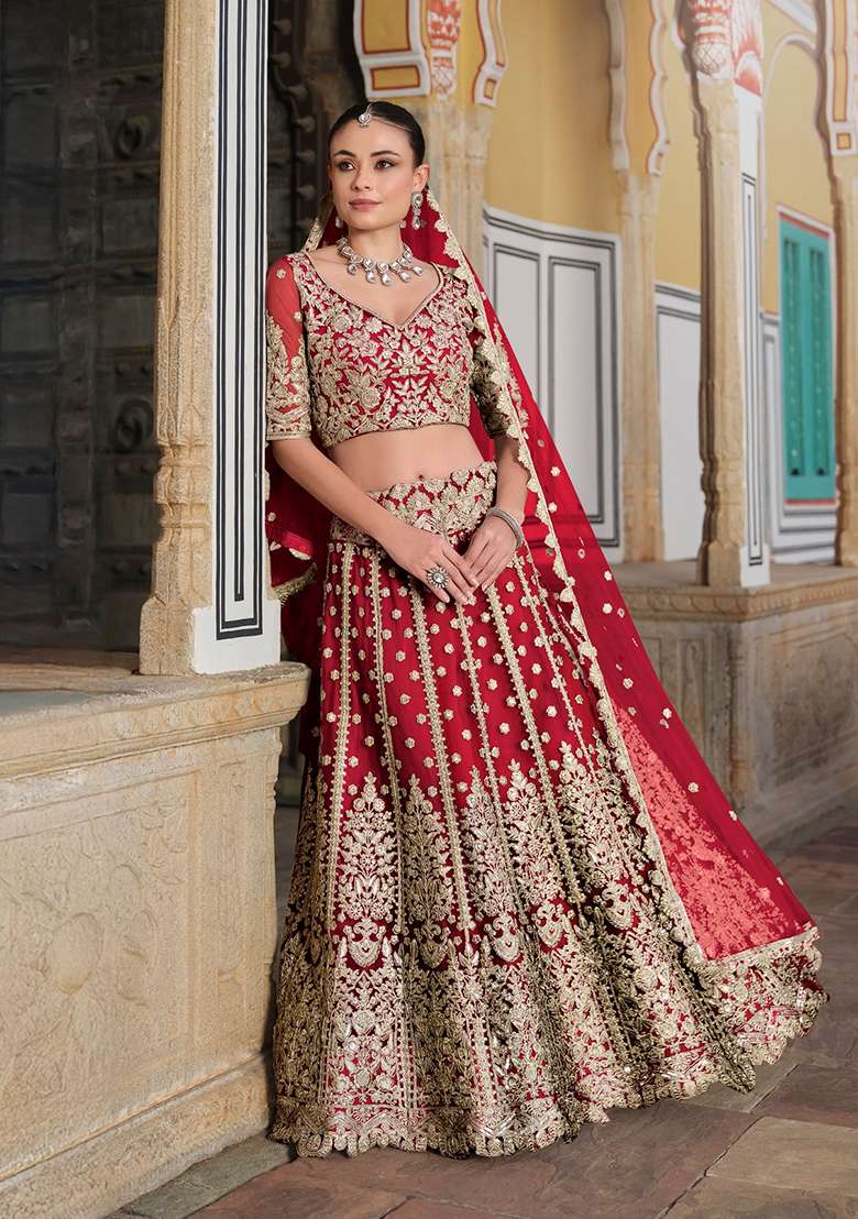 Red Zari Thread Embroidered Net Lehenga Set for Diwali and Festive Wear - Indya