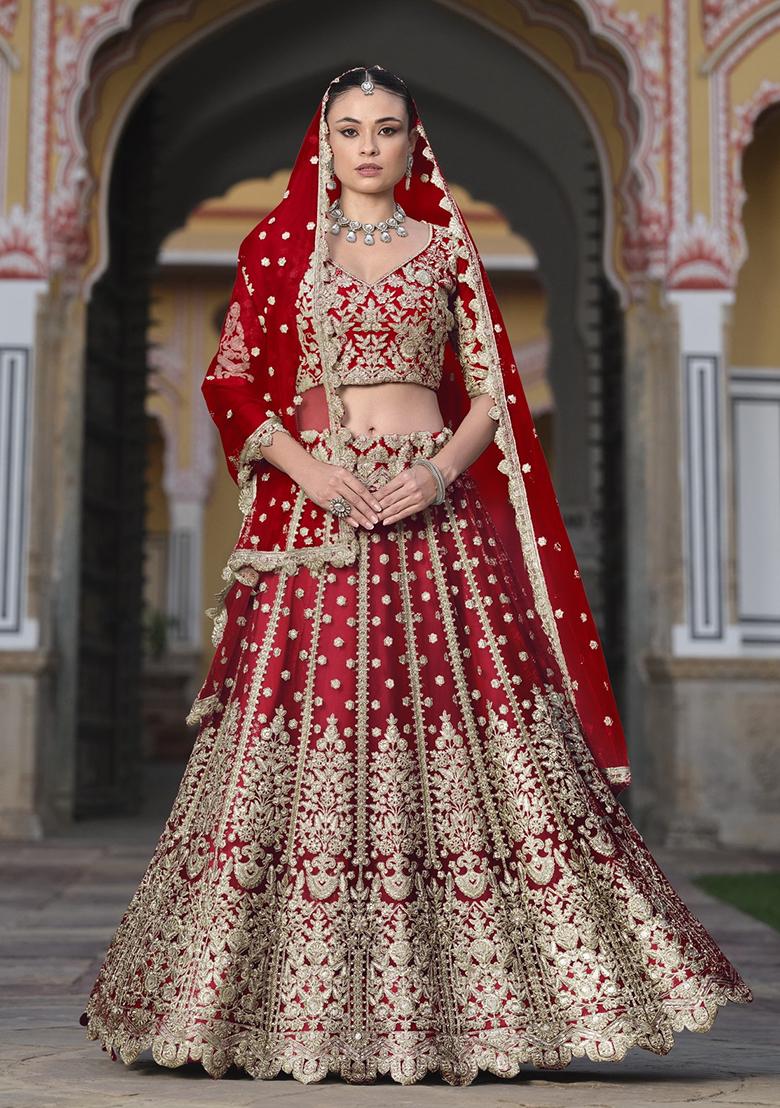Red Zari Thread Embroidered Net Lehenga Set