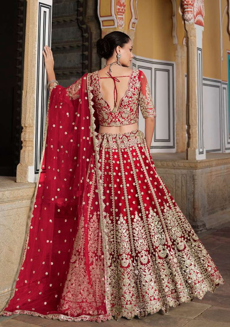 Red Zari Thread Embroidered Net Lehenga Set for Diwali and Festive Wear - Indya