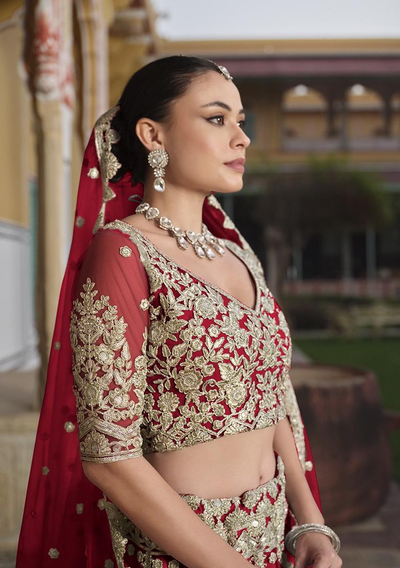 Red Zari Thread Embroidered Net Lehenga Set
