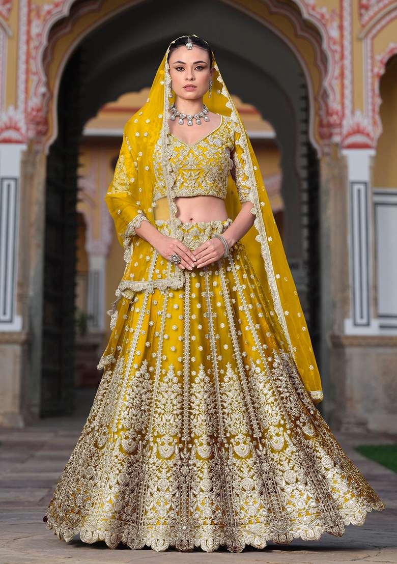 Yellow Zari Thread Embroidered Net Lehenga Set - Indya