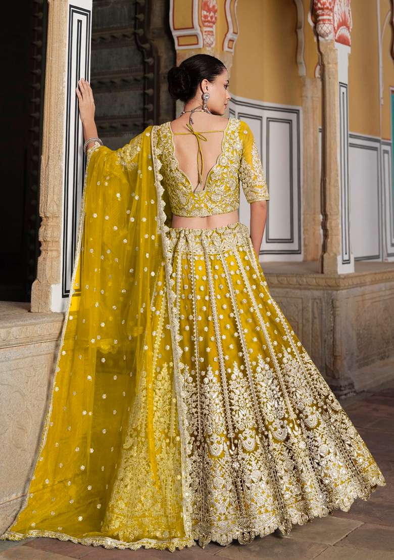 Yellow Zari Thread Embroidered Net Lehenga Set - Indya