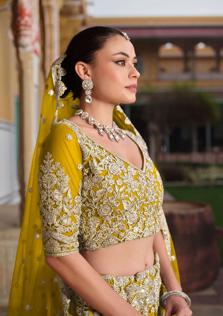 Yellow Zari Thread Embroidered Net Lehenga Set - Indya
