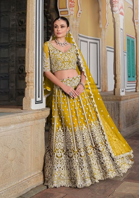 Yellow Zari Thread Embroidered Net Lehenga Set