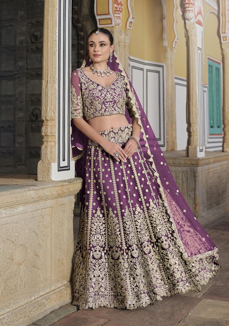 Lavender Zari Thread Embroidered Net Lehenga Set