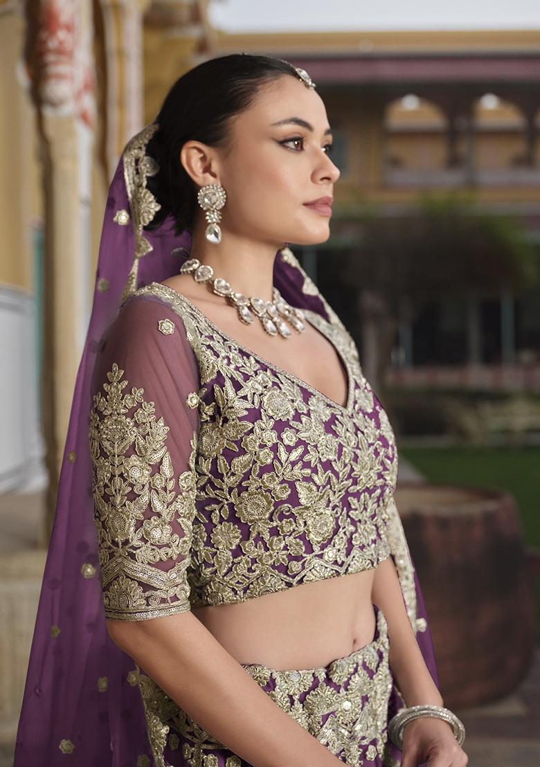 Lavender Zari Thread Embroidered Net Lehenga Set