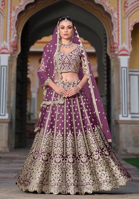 Lavender Zari Thread Embroidered Net Lehenga Set