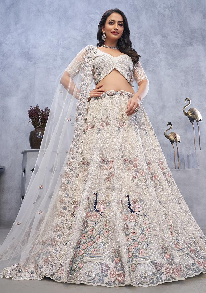 Ivory Sequin Embroidered Soft Net Lehenga Set