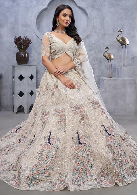 Ivory Sequin Embroidered Soft Net Lehenga Set