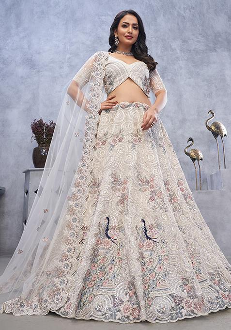 Ivory Sequin Embroidered Soft Net Lehenga Set