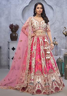 Ivory And White Bandhej Print Jacquard Organza Silk Lehenga Set