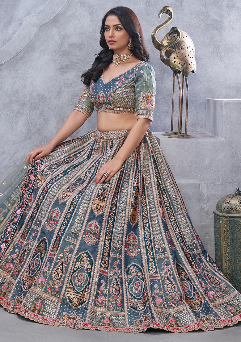 Grey Sequin Embroidered Organza Silk Lehenga Set - Indya