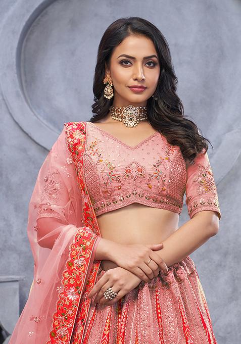 Pink Sequin Embroidered Organza Silk Lehenga Set