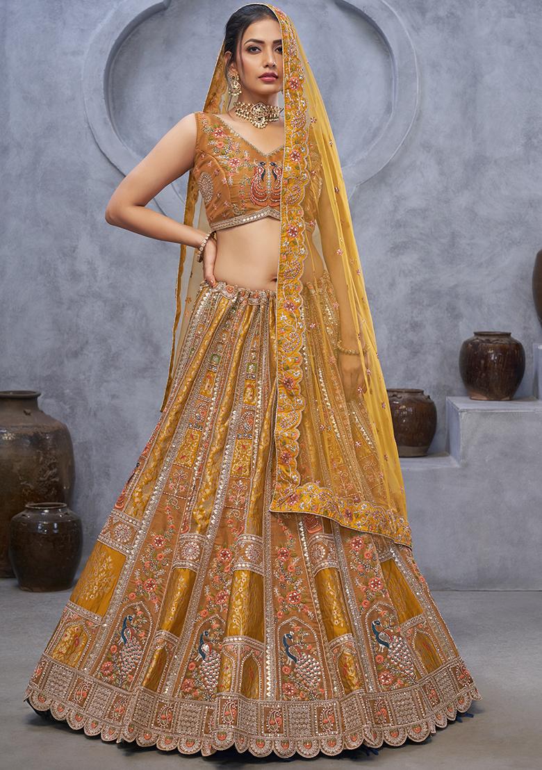 Mustard Sequin Embroidered Organza Silk Lehenga Set - Indya