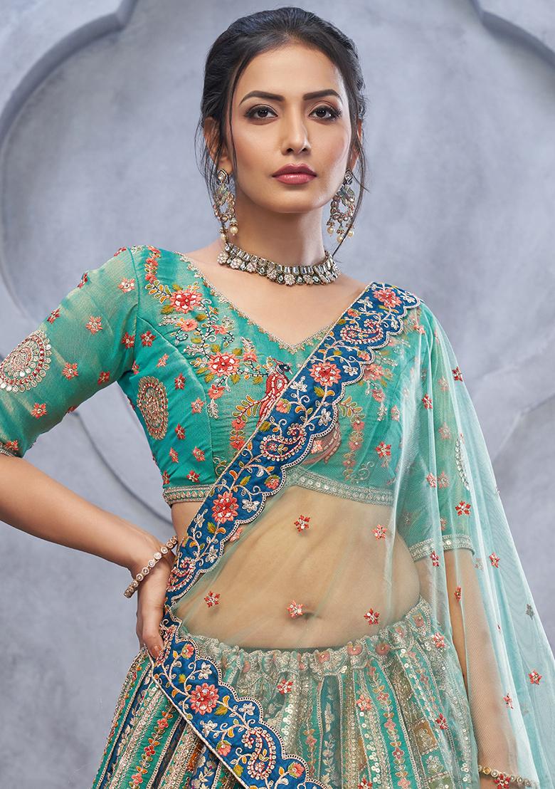 Green Sequin Embroidered Organza Silk Lehenga Set - Indya