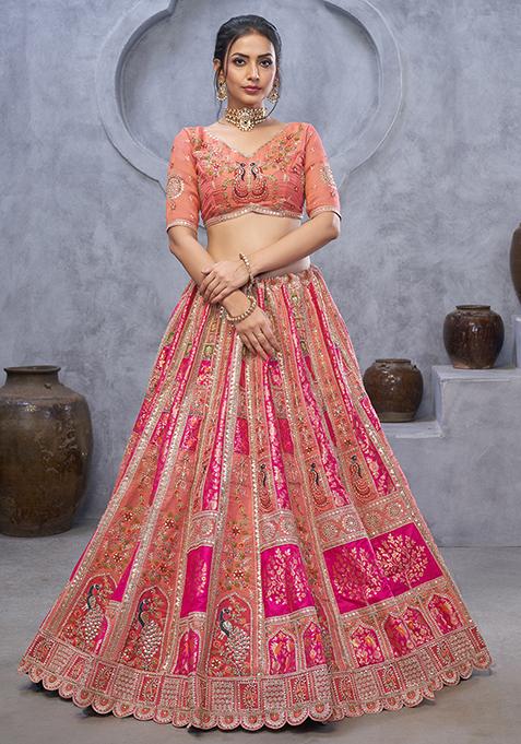 Pink Sequin Embroidered Organza Silk Lehenga Set