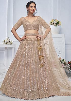Brown Sequin Embroidered Soft Net Lehenga Set