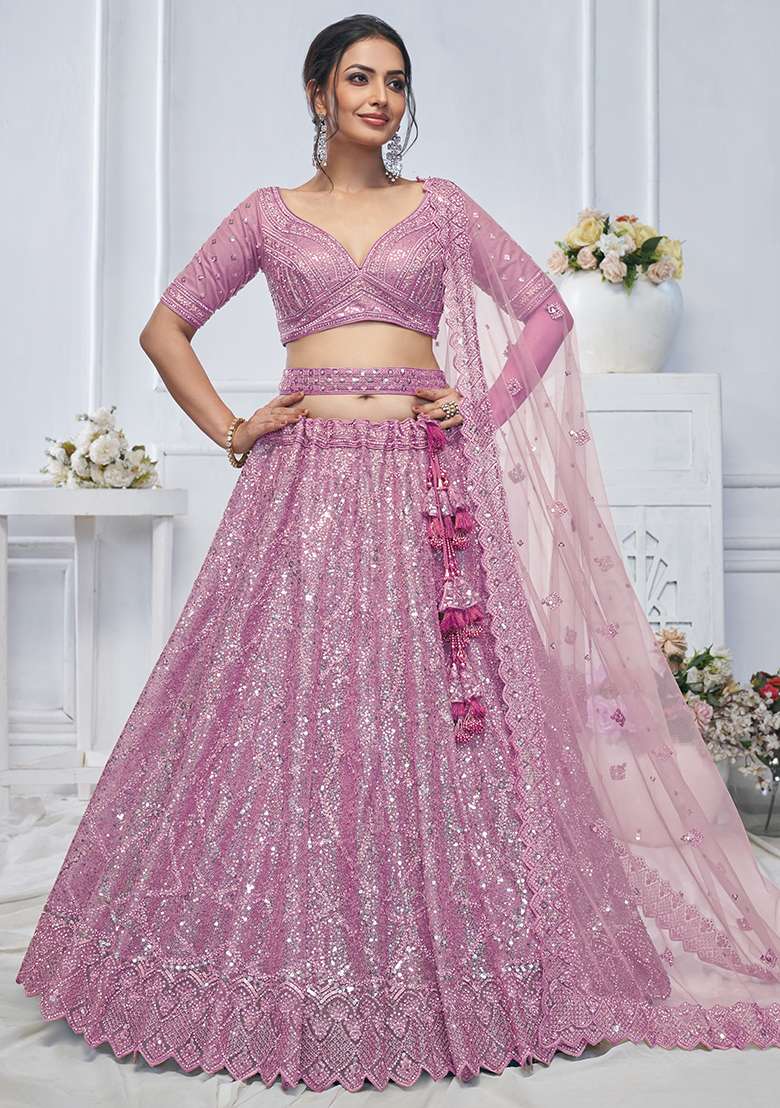 Purple Sequin Embroidered Soft Net Lehenga Set - Indya