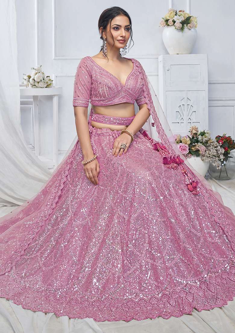 Purple Sequin Embroidered Soft Net Lehenga Set - Indya