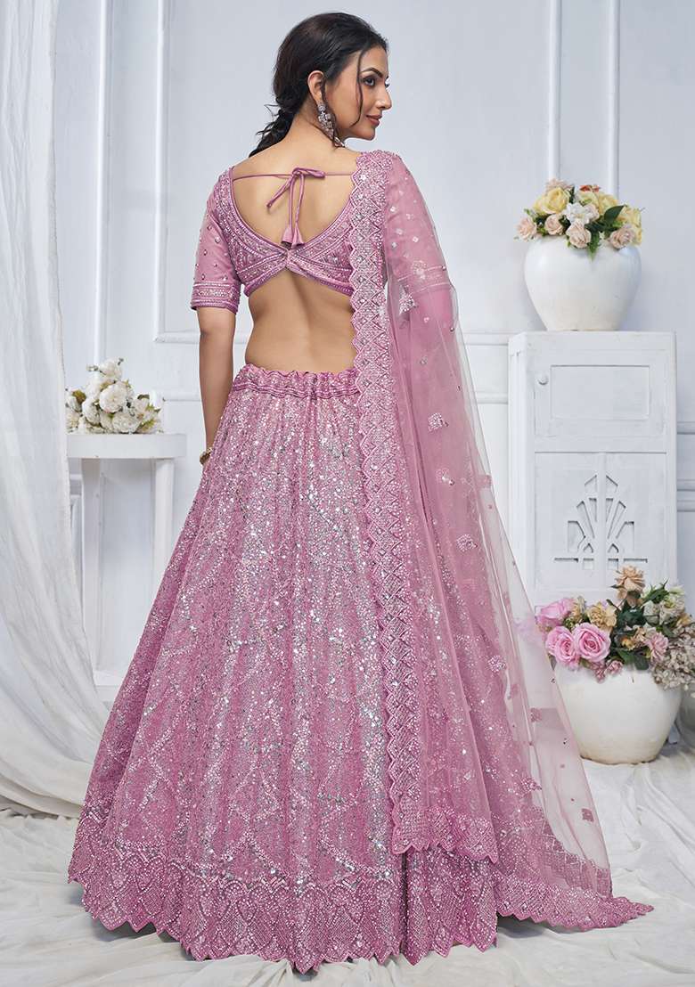 Purple Sequin Embroidered Soft Net Lehenga Set - Indya
