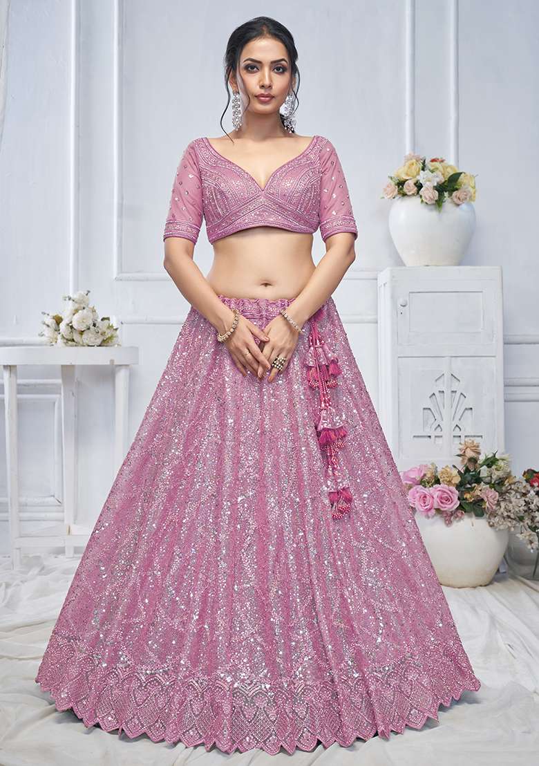 Purple Sequin Embroidered Soft Net Lehenga Set - Indya