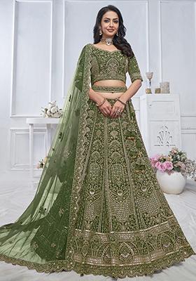Green Sequin Embroidered Soft Net Lehenga Set