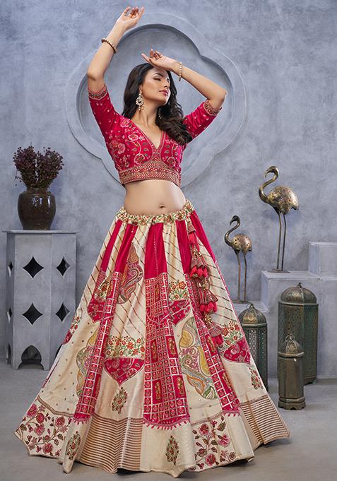 Ivory Paisley Motifs Raw silk Lehenga Set