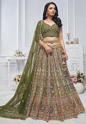 Green Floral Paisley Embroidered Soft Net Lehenga Set