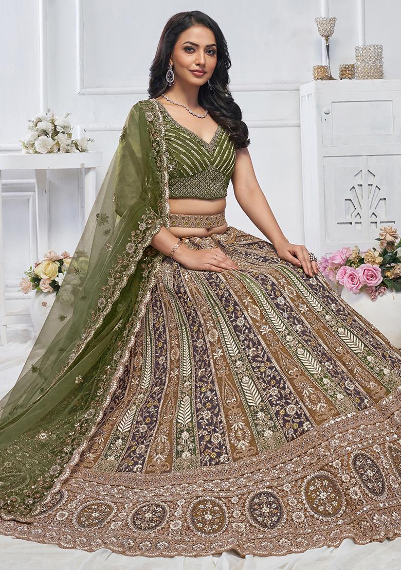 Green Floral Paisley Embroidered Soft Net Lehenga Set