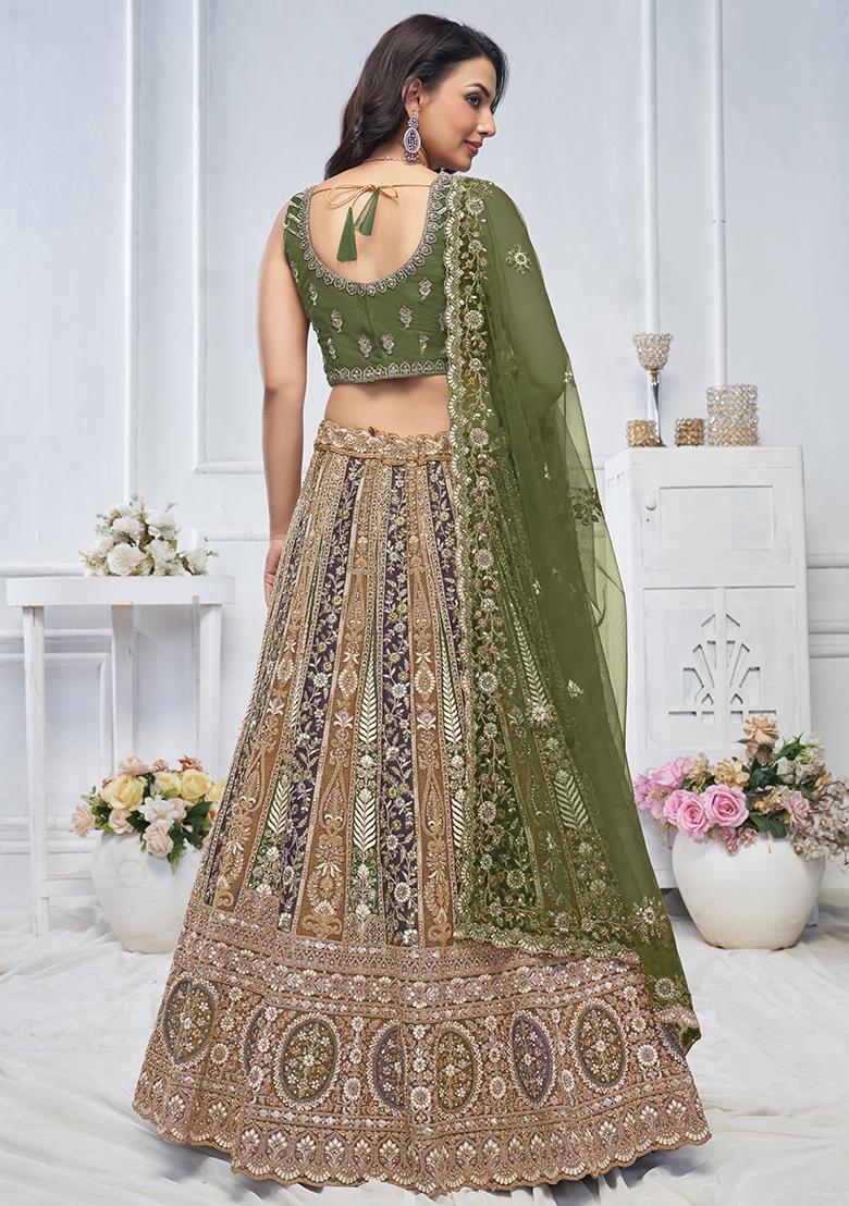 Green Floral Paisley Embroidered Soft Net Lehenga Set