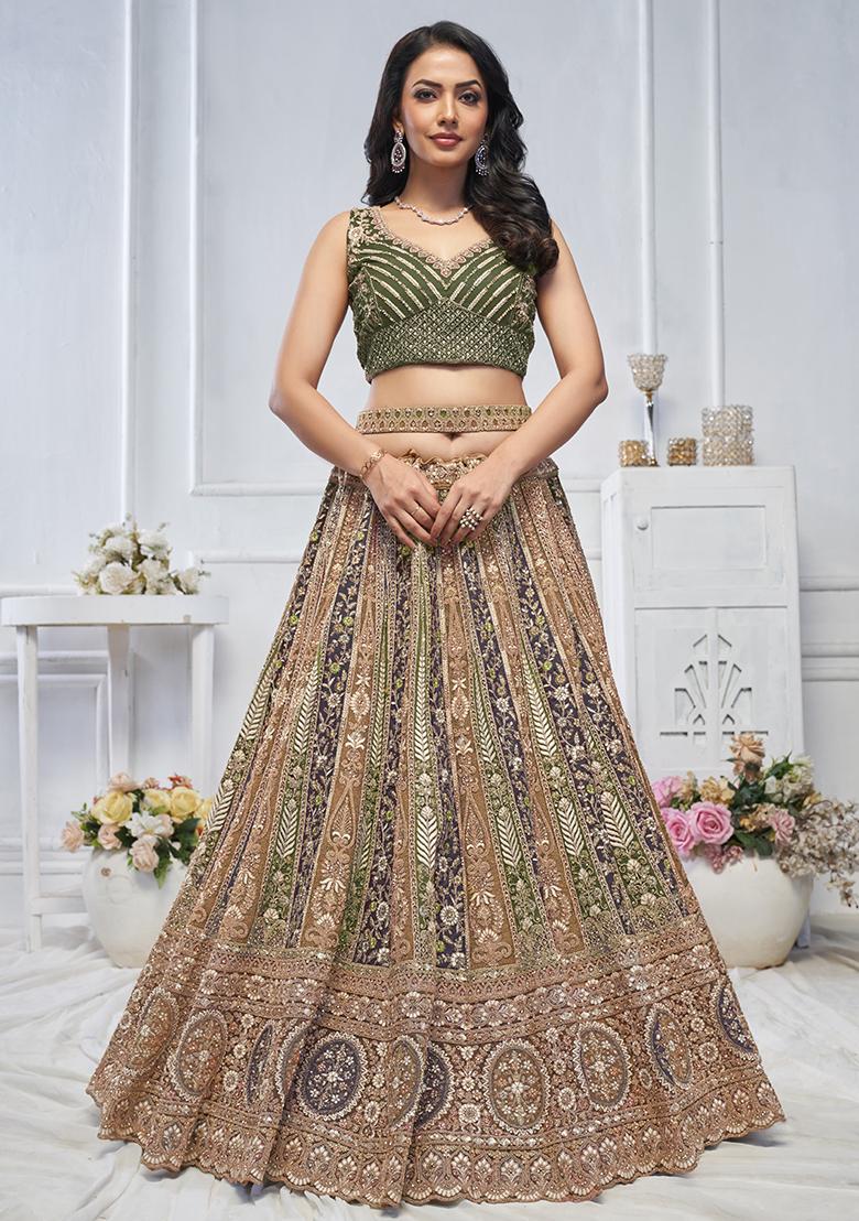 Green Floral Paisley Embroidered Soft Net Lehenga Set