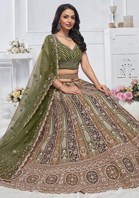 Green Floral Paisley Embroidered Soft Net Lehenga Set