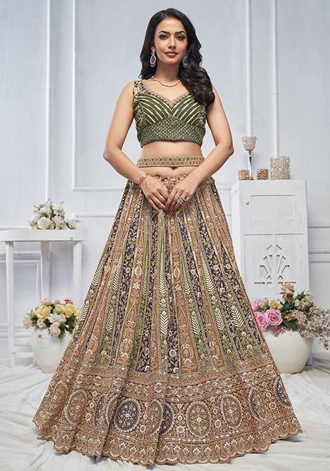 Green Floral Paisley Embroidered Soft Net Lehenga Set