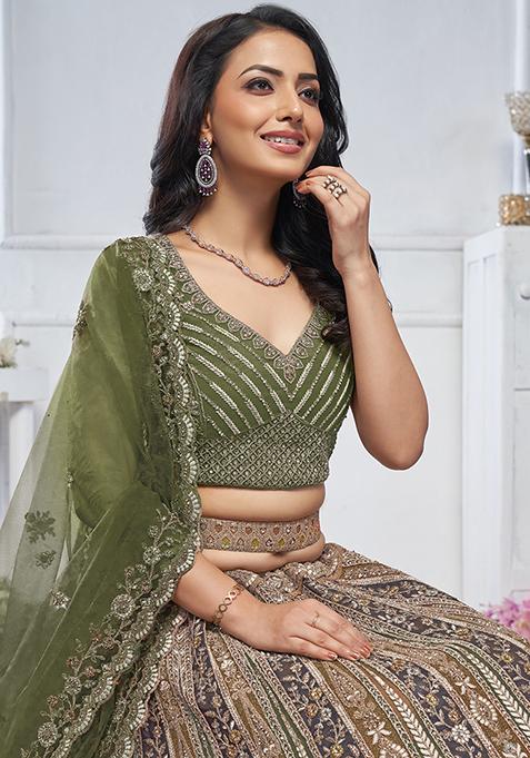Green Floral Paisley Embroidered Soft Net Lehenga Set