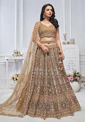 Brown Floral Paisley Embroidered Soft Net Lehenga Set