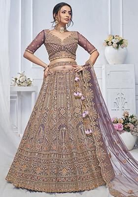 Purple Paisley Motifs Embroidered Soft Net Lehenga Set