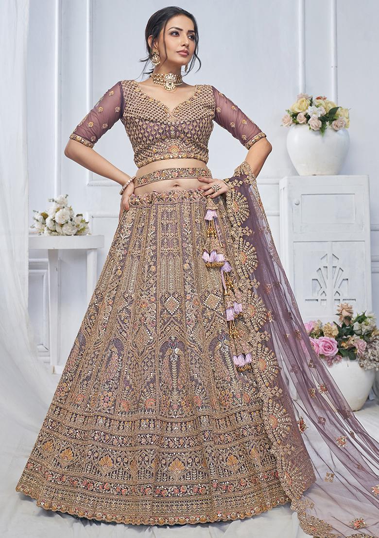 Purple Paisley Motifs Embroidered Soft Net Lehenga Set
