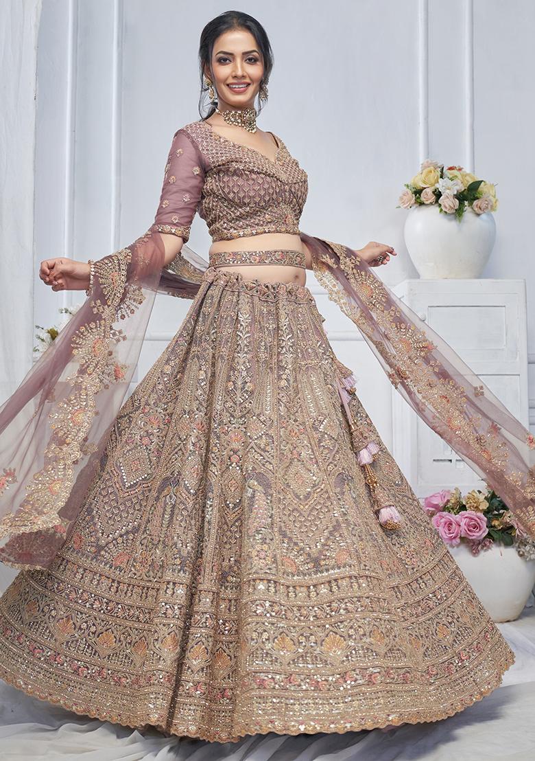 Purple Paisley Motifs Embroidered Soft Net Lehenga Set