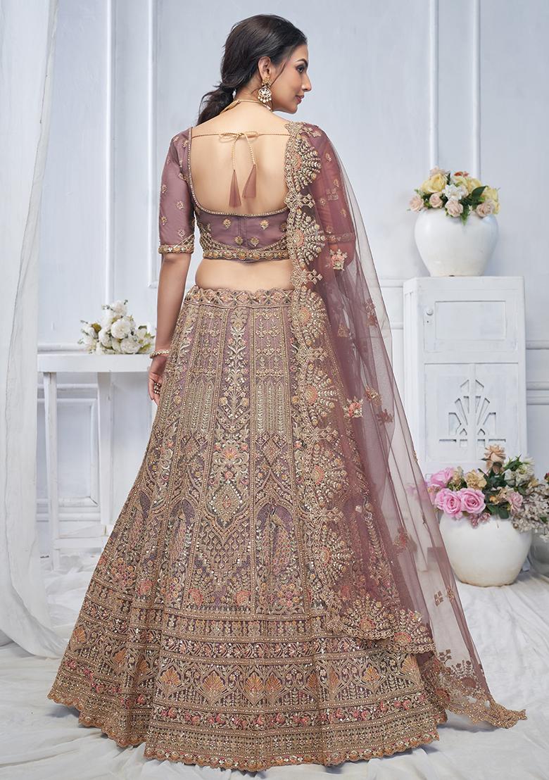 Purple Paisley Motifs Embroidered Soft Net Lehenga Set