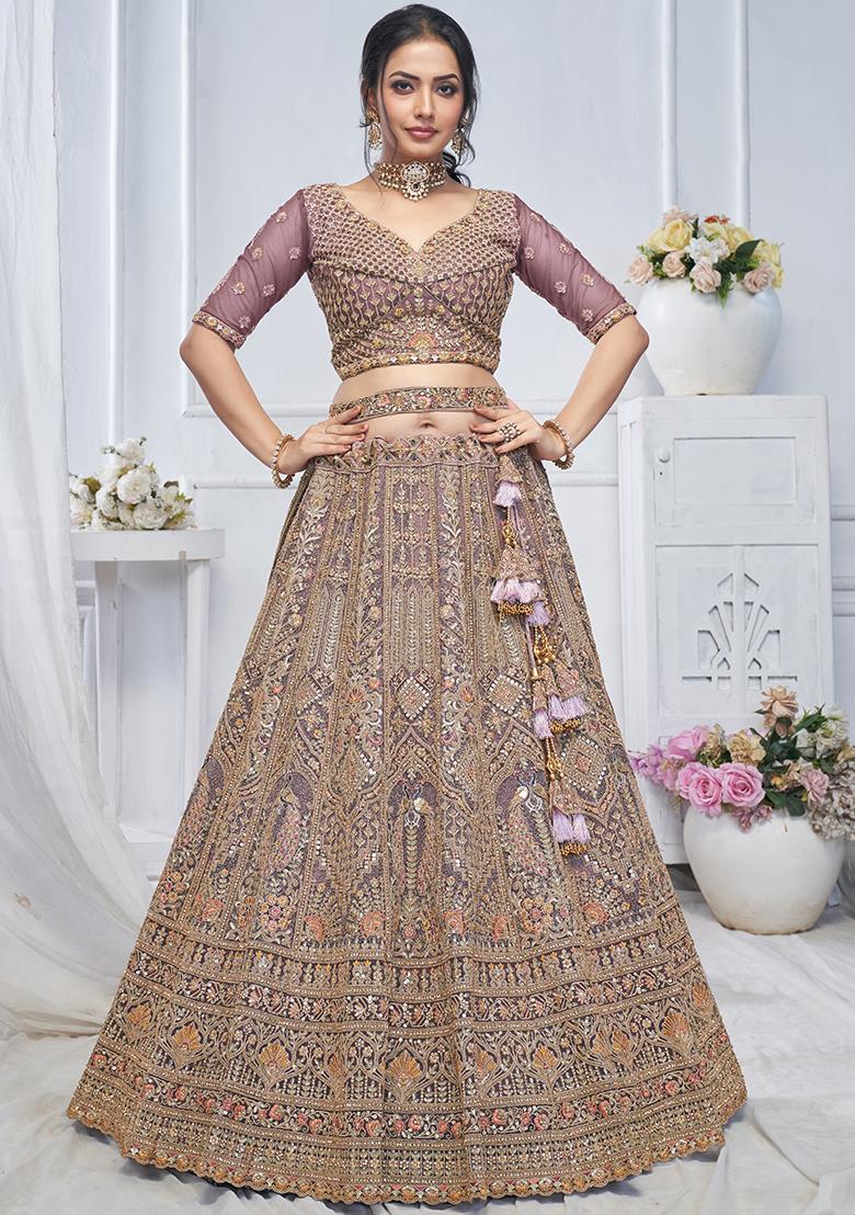 Purple Paisley Motifs Embroidered Soft Net Lehenga Set