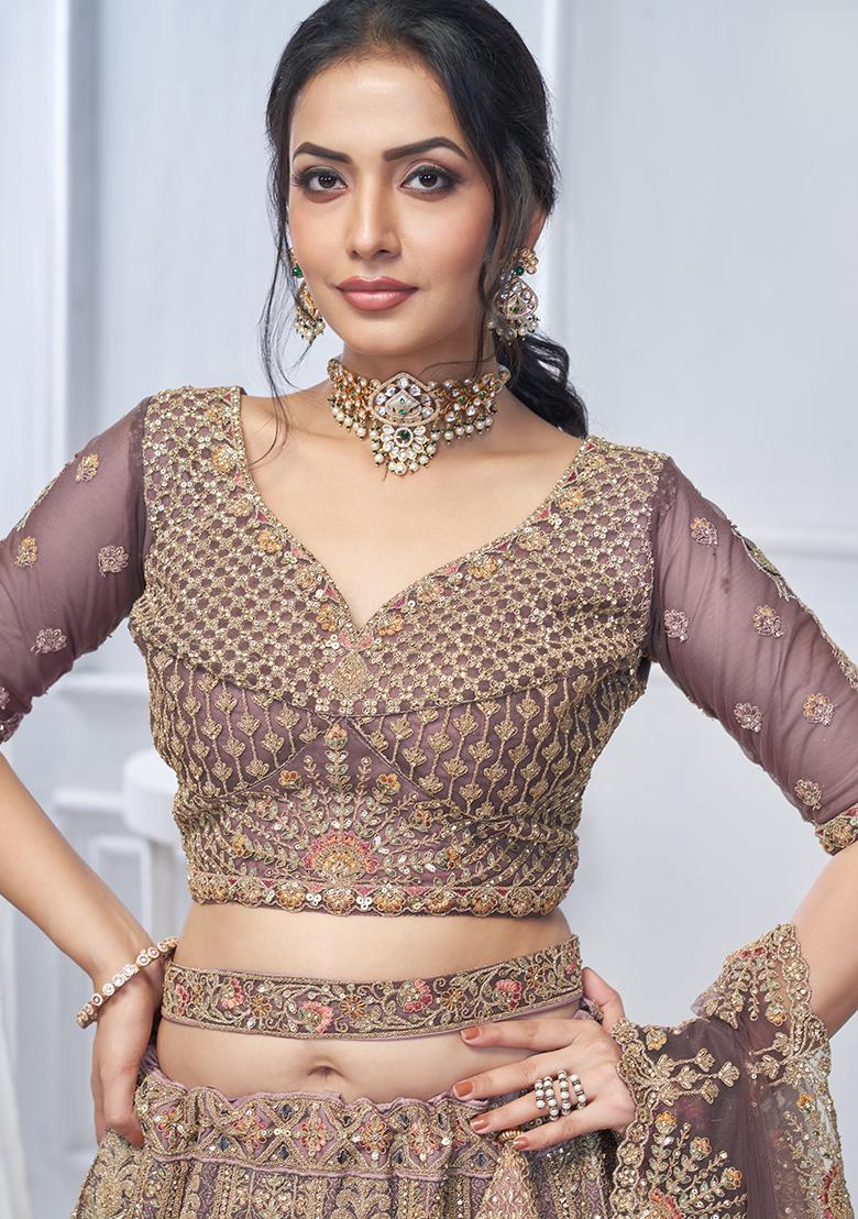 Purple Paisley Motifs Embroidered Soft Net Lehenga Set