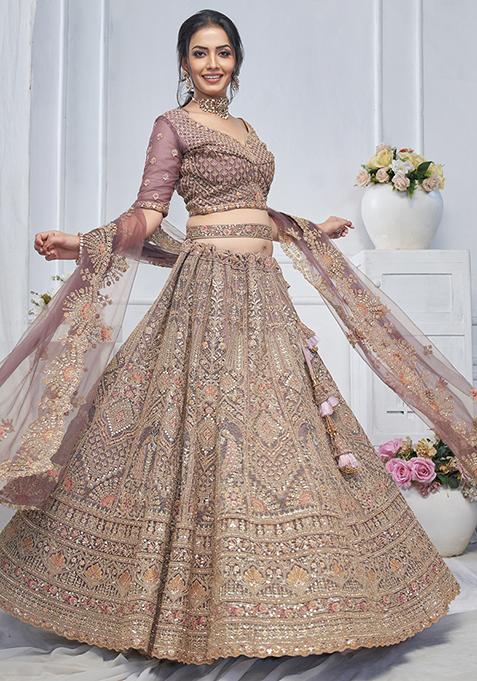 Purple Paisley Motifs Embroidered Soft Net Lehenga Set