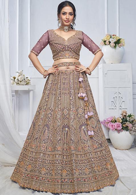 Purple Paisley Motifs Embroidered Soft Net Lehenga Set
