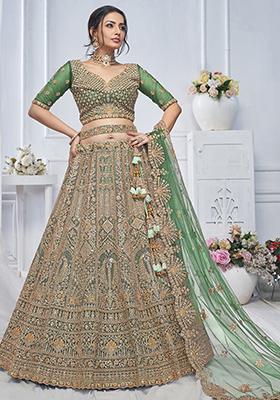 Green Paisley Motifs Embroidered Soft Net Lehenga Set