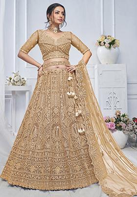 Golden Paisley Motifs Embroidered Soft Net Lehenga Set