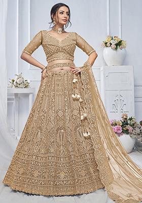 Brown Paisley Motifs Embroidered Soft Net Lehenga Set