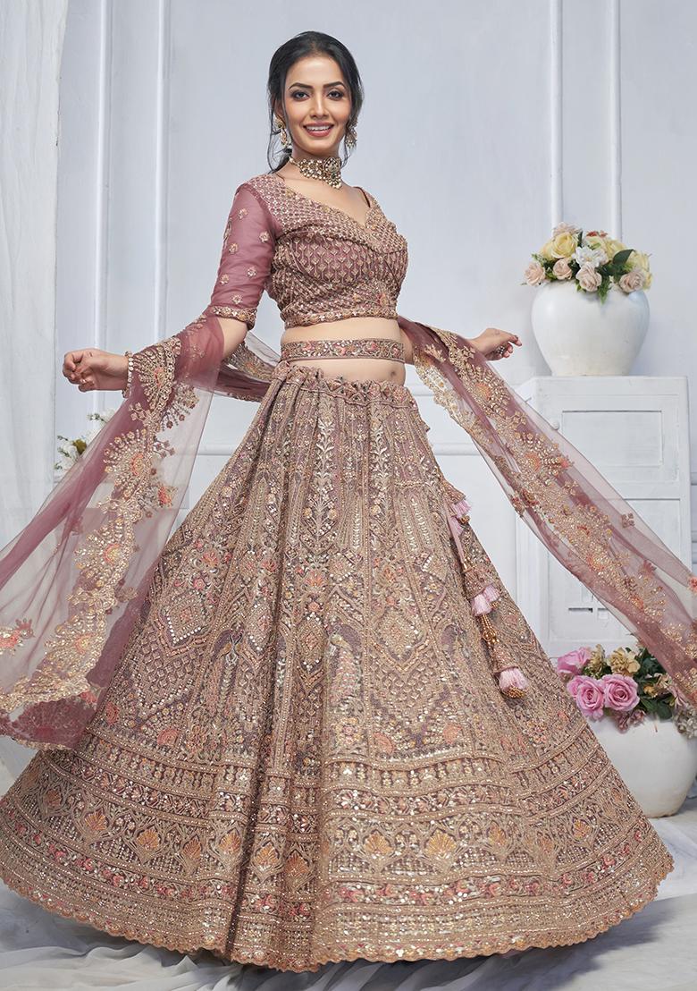 Onion Pink Paisley Motifs Embroidered Soft Net Lehenga Set